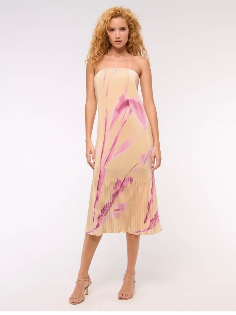 Abercrombie & Fitch Strapless Pleated Midi Dress in Beige and Pink